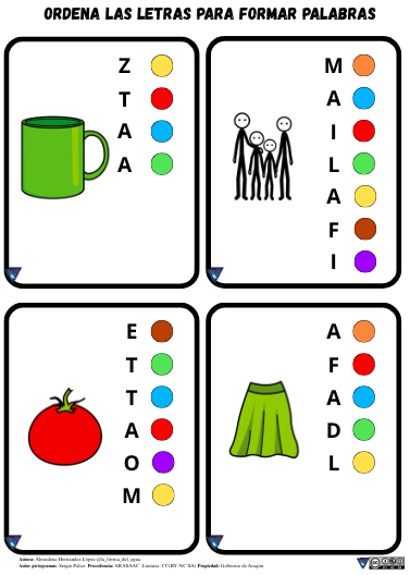 Material TEACCH: Ordenar letras para formar palabras